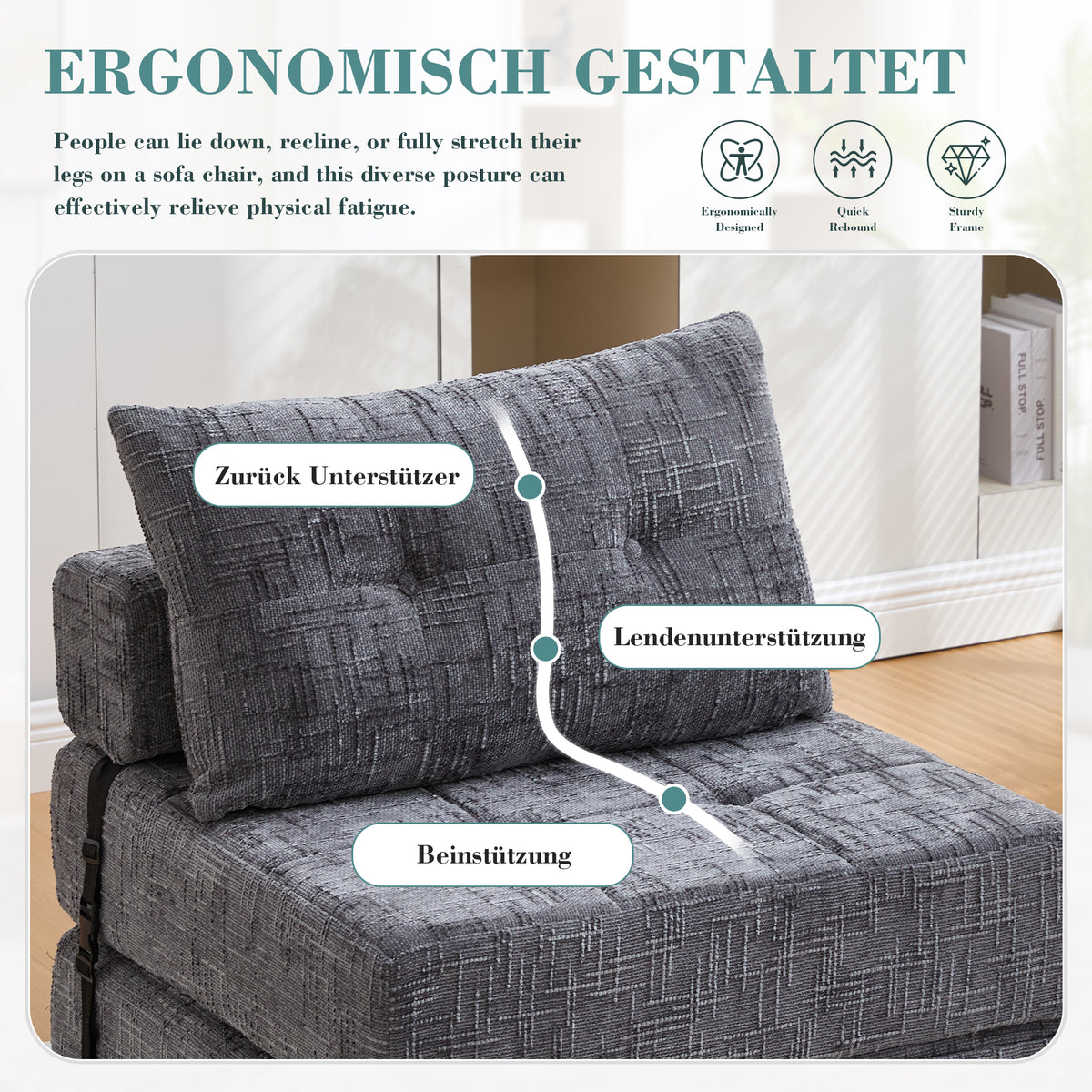 Faltbares Schlafsofa mit Kissen – Bodenmatte mit Rückenlehne, Grau Chenille