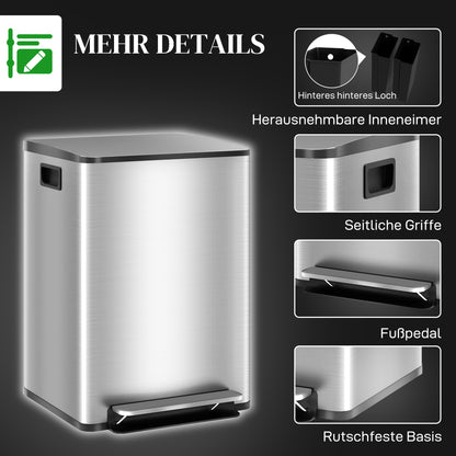 Küchenabfalleimer mit 2 × 20-l-Fächern, Soft-Close-Deckel, fingerabdrucksicherer Edelstahl, Silber