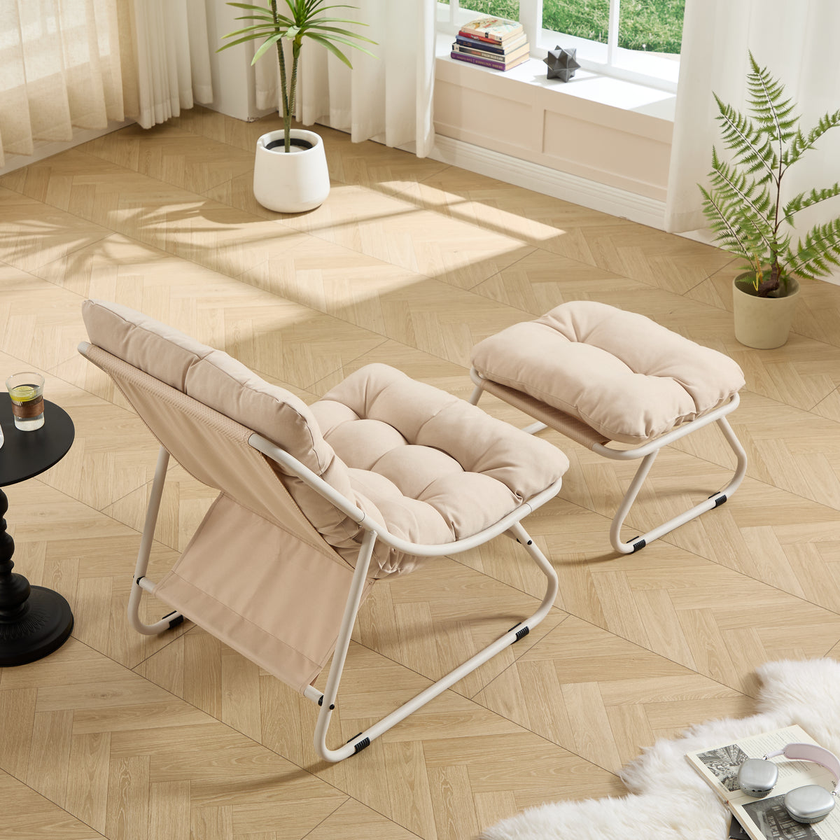 Loungesessel mit Hocker – Bequemer Relaxsessel mit Kissen und Fußhocker, Beige