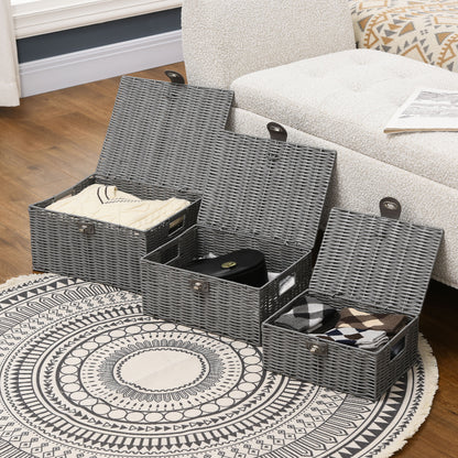 3er-Set Aufbewahrungskörbe Aus PE- Rattan, Mit Verschluss, Tragegriffen, 35,5 Cm X 28,5 Cm X 18 Cm, Grau