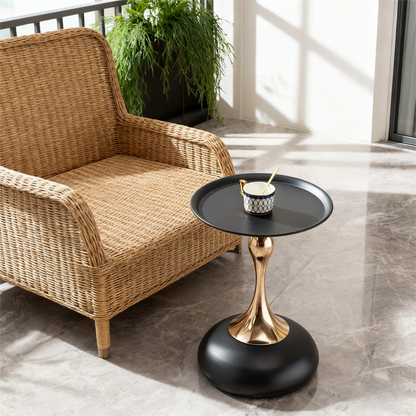 Runder Beistelltisch 38 cm in Schwarz-Gold mit Metallbasis
