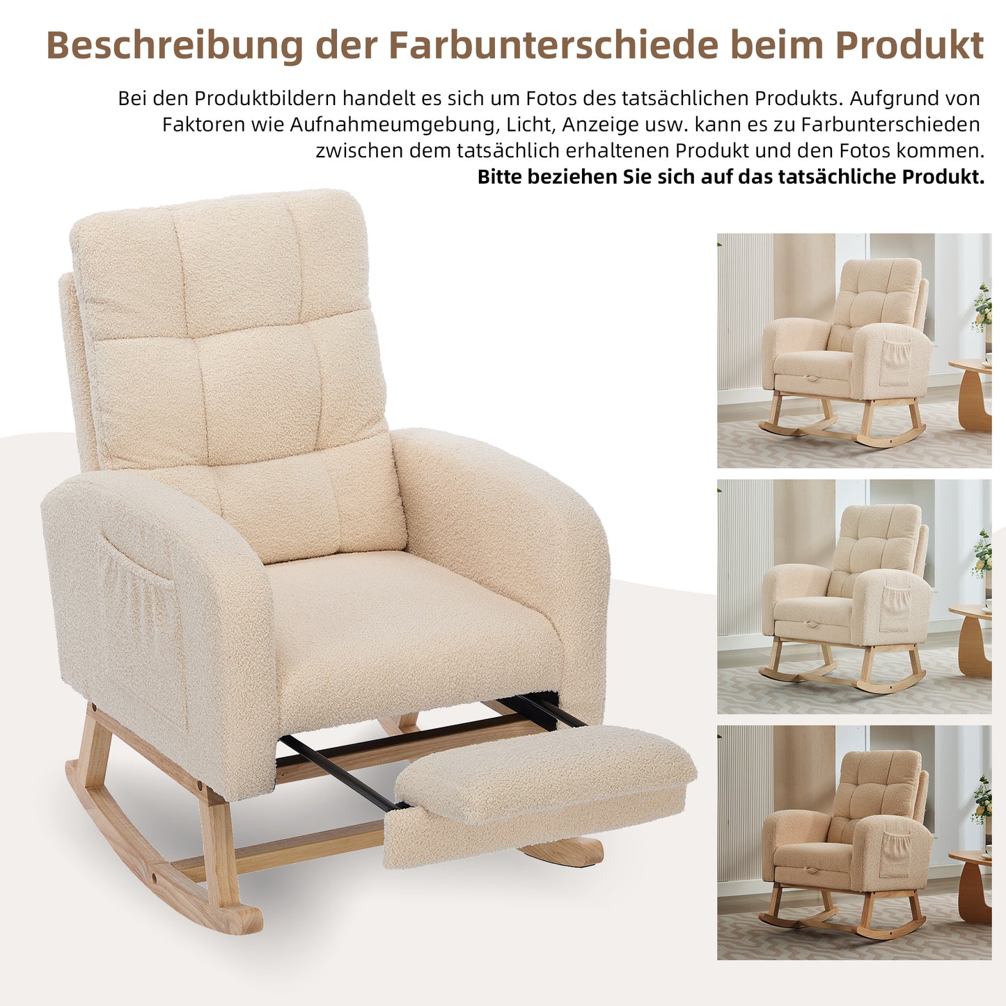 Teddy-Velvet Schaukelstuhl – Beiger Sessel mit Massivholzrahmen, versteckter Fußstütze & hoher Schaumstoffpolsterung, ideal für Wohnzimmer, Schlafzimmer & Kinderzimmer