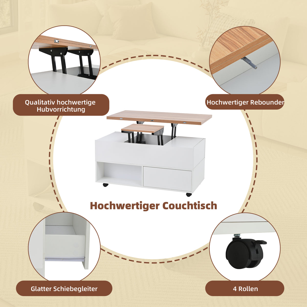 Multifunktionaler Couchtisch 100 × 50 × 52 cm mit 4 Rollen, 4 Schubladen und ausklappbarer Tischplatte in Weiß und Eiche