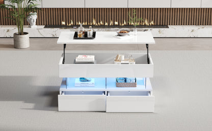 Höhenverstellbarer Couchtisch 100 × 50 × 46 cm mit LED, 2 Schubladen und Stauraum
