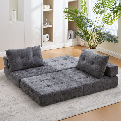Faltbares Schlafsofa mit Kissen – Bodenmatte mit Rückenlehne, Grau Chenille