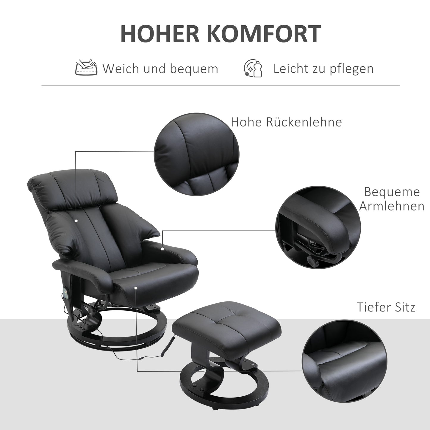 Massagesessel mit Fußhocker – 10 Vibrationspunkte, 145° verstellbare Rückenlehne, Schwarz