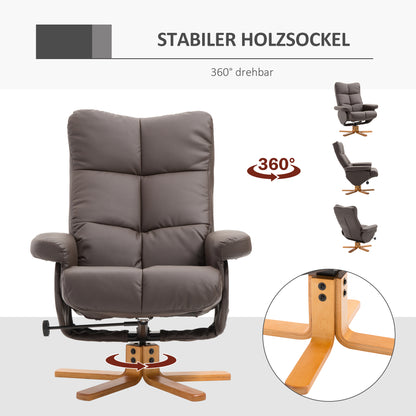 Relaxsessel mit Hocker – 360° drehbarer Fernsehsessel mit Liegefunktion, Lesesessel für Schlafzimmer & Wohnzimmer, Kunstleder, Braun