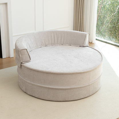 Runde Chaiselongue mit 5 Kissen und Hocker, Grau