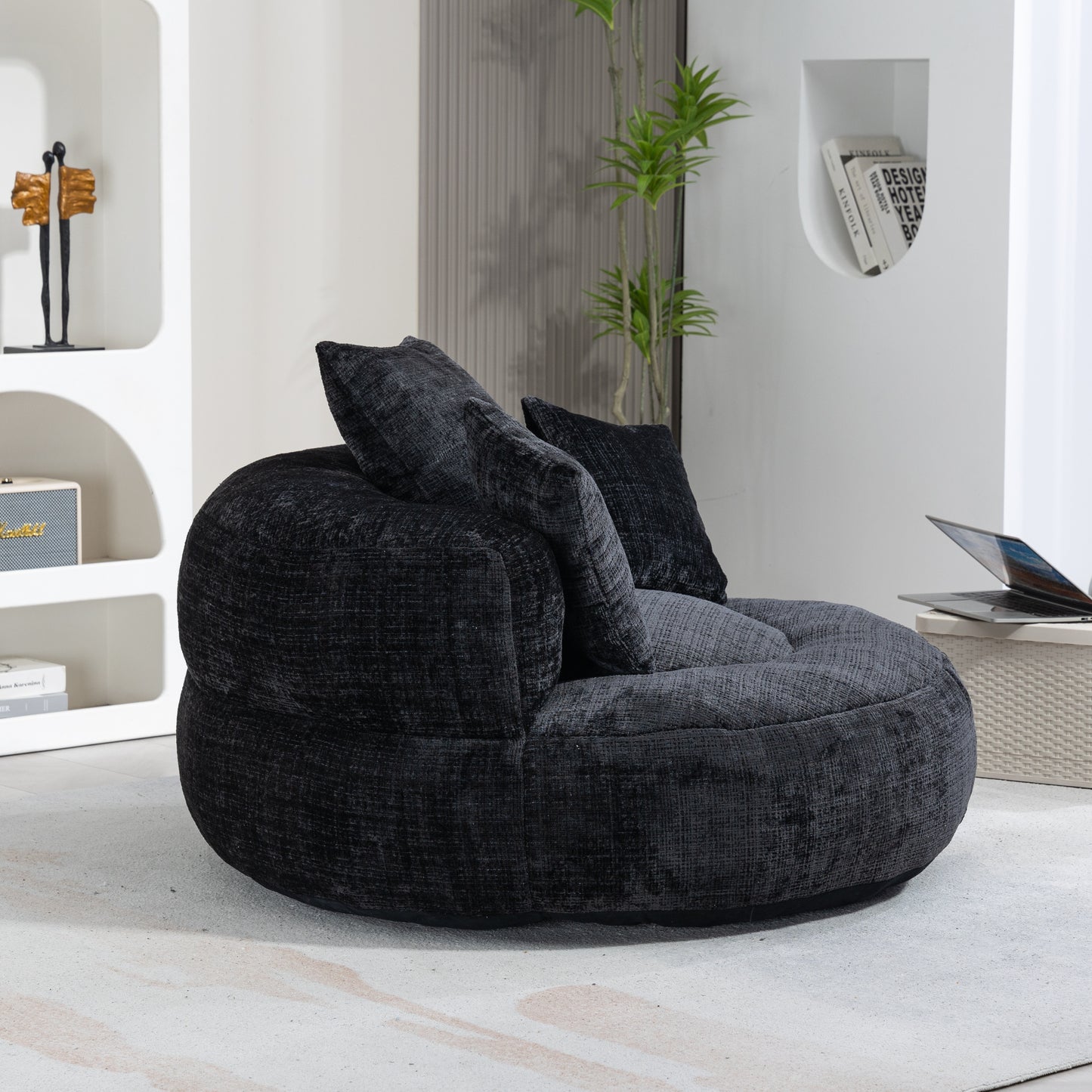 Lazy Sofa – Komfort-Lounger mit hoher Rückenlehne, Bean-Bag-Sessel mit drei Kissen für Erwachsene und Kinder, In- & Outdoor, Gaming-Sessel für Schlafzimmer und Büro (Schwarz, Chenille)