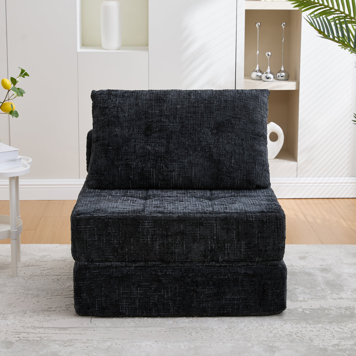 Klappbares Schlafsofa mit Kissen und Rückenlehne, tragbares Bodensofa für Wohnzimmer und Schlafzimmer, Schwarz, Chenille