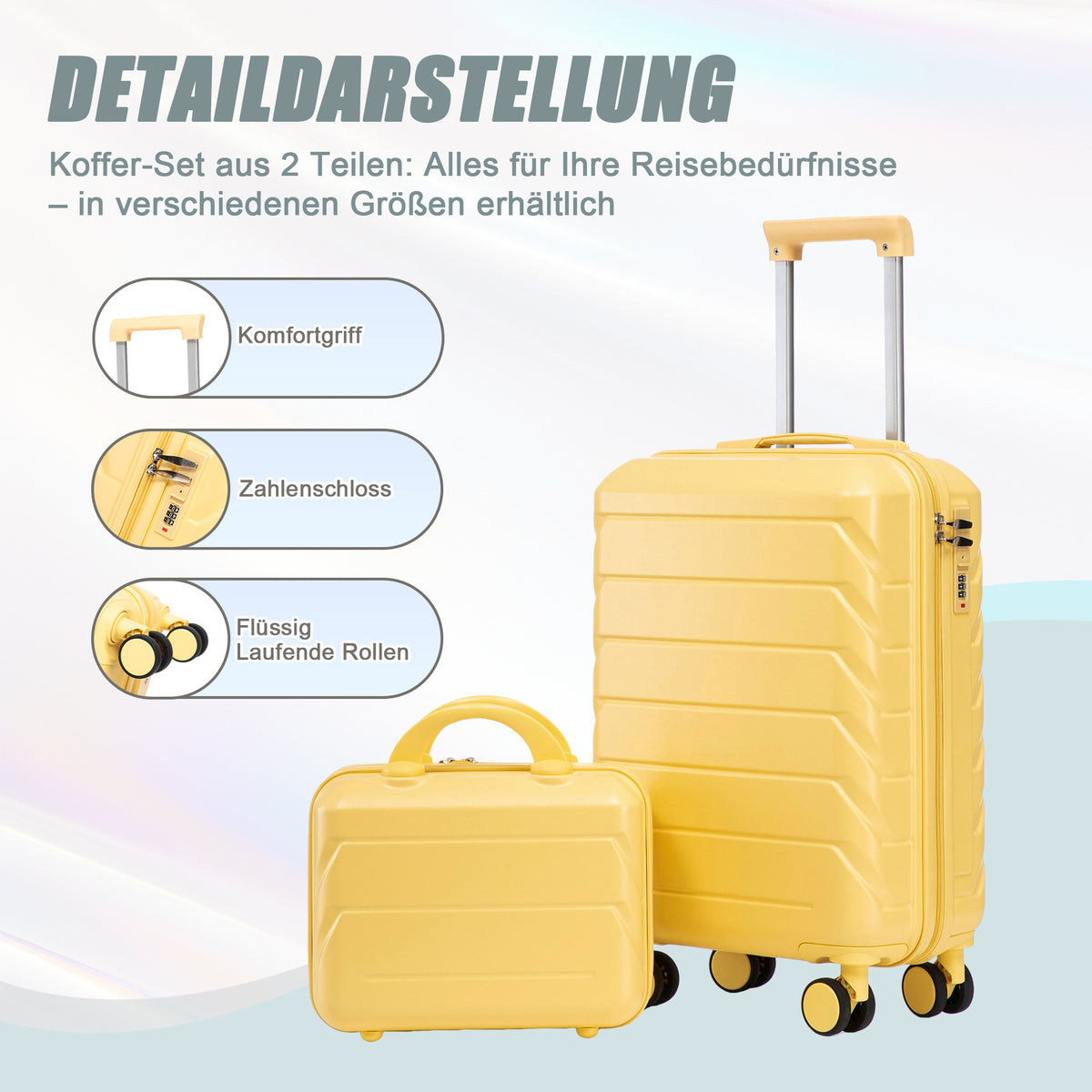 14/19 Zoll 2-teiliges ABS-Kofferset mit Zahlenschloss und 14-Zoll-Kosmetiktasche, Gelb