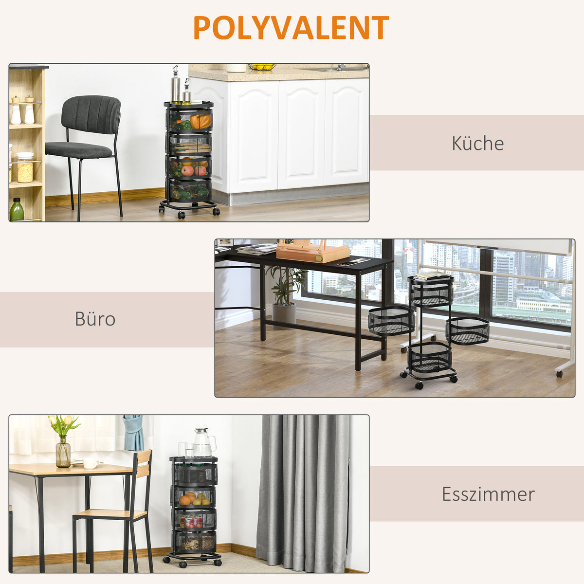 Servierwagen mit 4 Ebenen – Drehbarer Küchenwagen mit Rollen, Drahtkörben & oberem Regal | 33×33×77 cm | Schwarz
