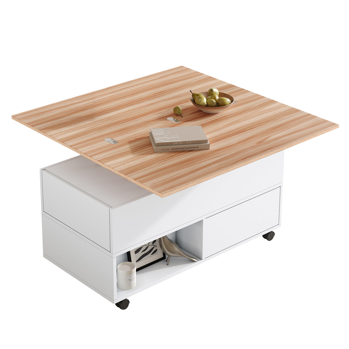 Multifunktionaler Couchtisch 100 × 50 × 52 cm mit 4 Rollen, 4 Schubladen und ausklappbarer Tischplatte in Weiß und Eiche