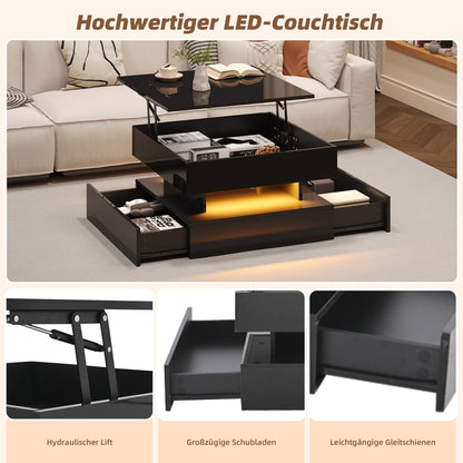 Höhenverstellbarer Couchtisch 65 × 65 × 38,5 cm mit LED, 2 Schubladen und verborgenem Stauraum in Schwarz