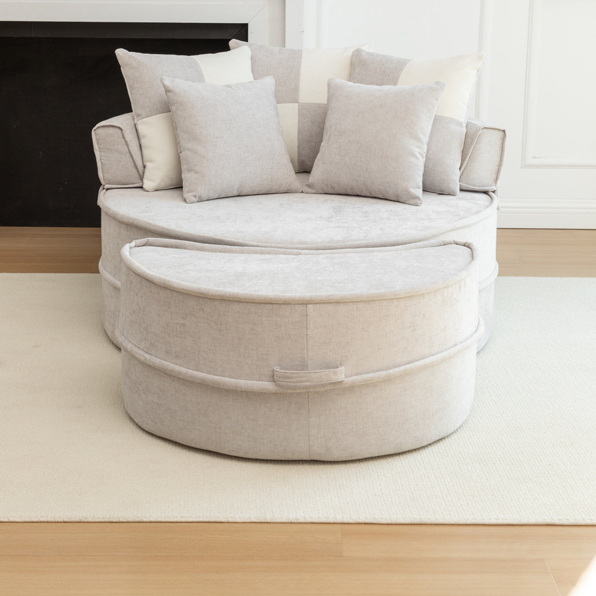 Runde Chaiselongue mit 5 Kissen und Hocker, Grau