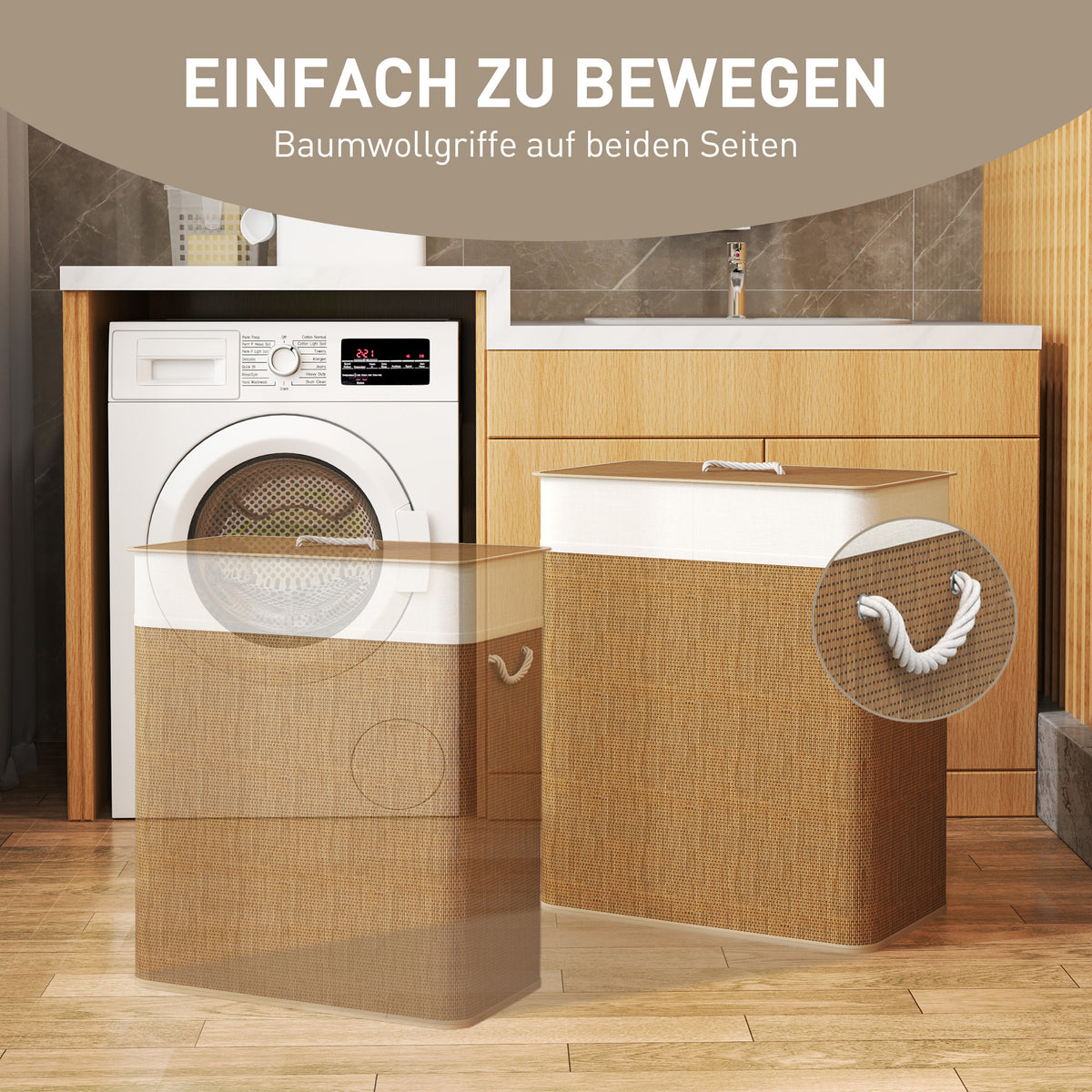 Bambus Wäschekorb Mit Deckel 2 Fächer 100 L Wäschesammler Mit Seilgriffen, Herausnehmbarer Wäschesack