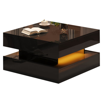 Höhenverstellbarer Couchtisch 65 × 65 × 38,5 cm mit LED, 2 Schubladen und verborgenem Stauraum in Schwarz