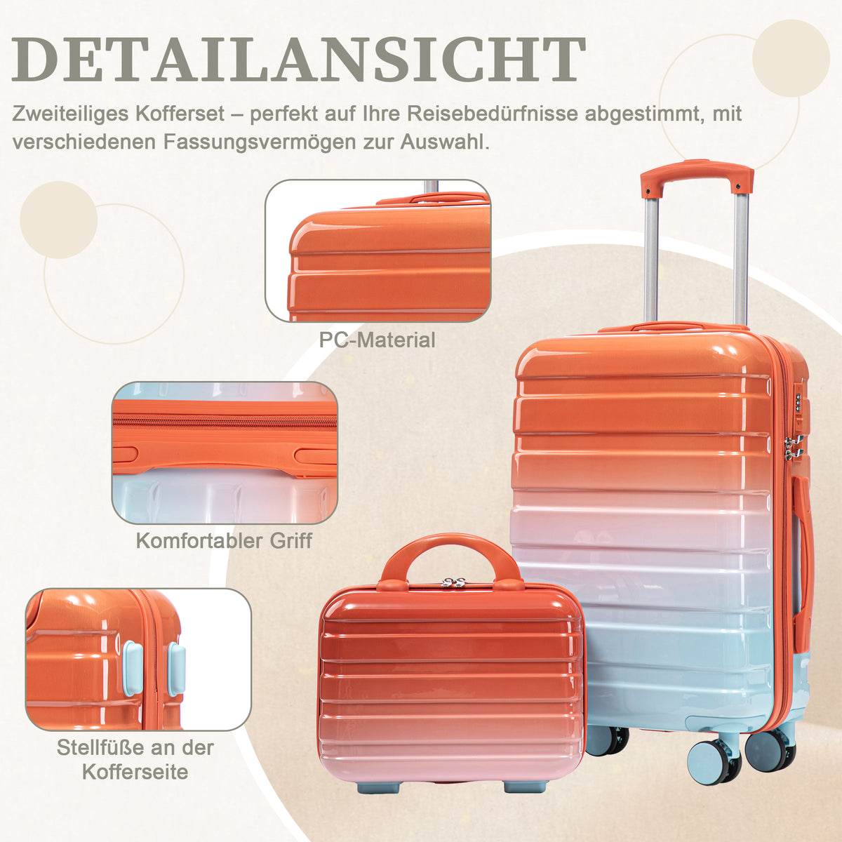 2-teiliges PC-Kofferset 14 Zoll & 20 Zoll mit Zahlenschloss und Kosmetikkoffer – Rot