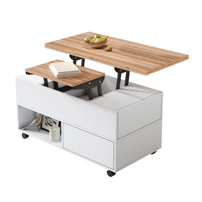 Multifunktionaler Couchtisch 100 × 50 × 52 cm mit 4 Rollen, 4 Schubladen und ausklappbarer Tischplatte in Weiß und Eiche
