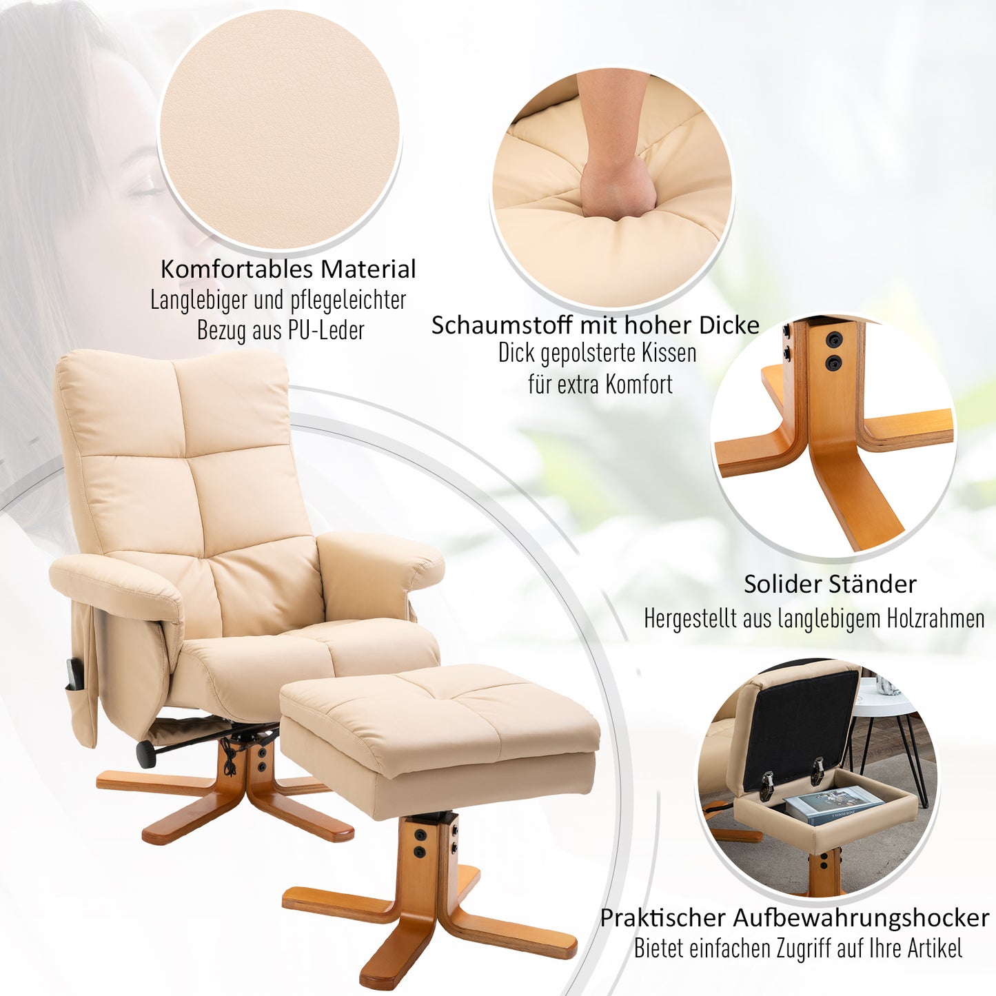 Massagesessel mit Fußhocker & Stauraum – Liegefunktion 145°, Kunstleder, Cremeweiß