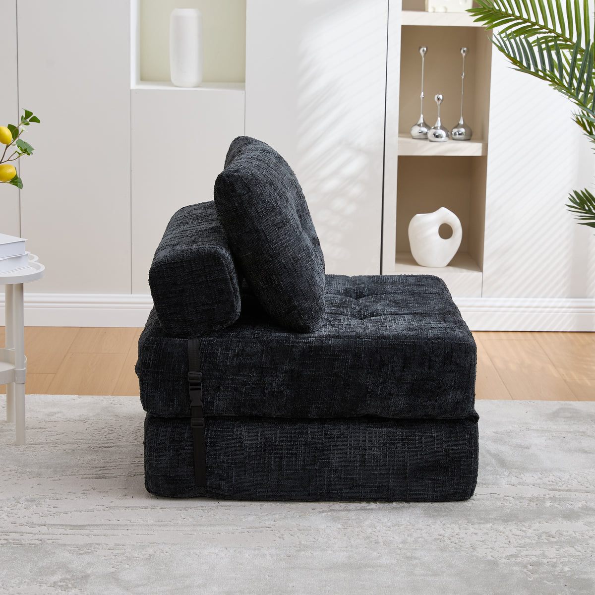 Klappbares Schlafsofa mit Kissen und Rückenlehne, tragbares Bodensofa für Wohnzimmer und Schlafzimmer, Schwarz, Chenille