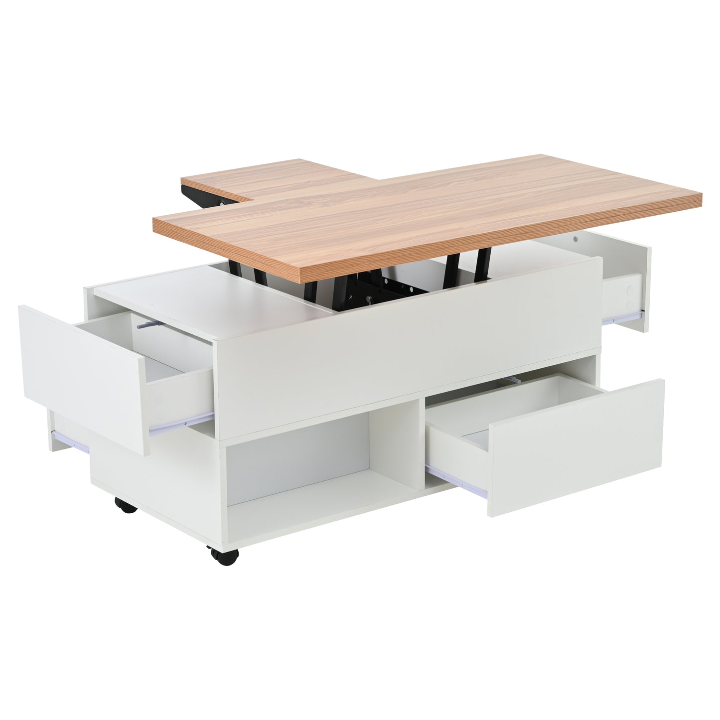 Multifunktionaler Couchtisch 100 × 50 × 52 cm mit 4 Rollen, 4 Schubladen und ausklappbarer Tischplatte in Weiß und Eiche