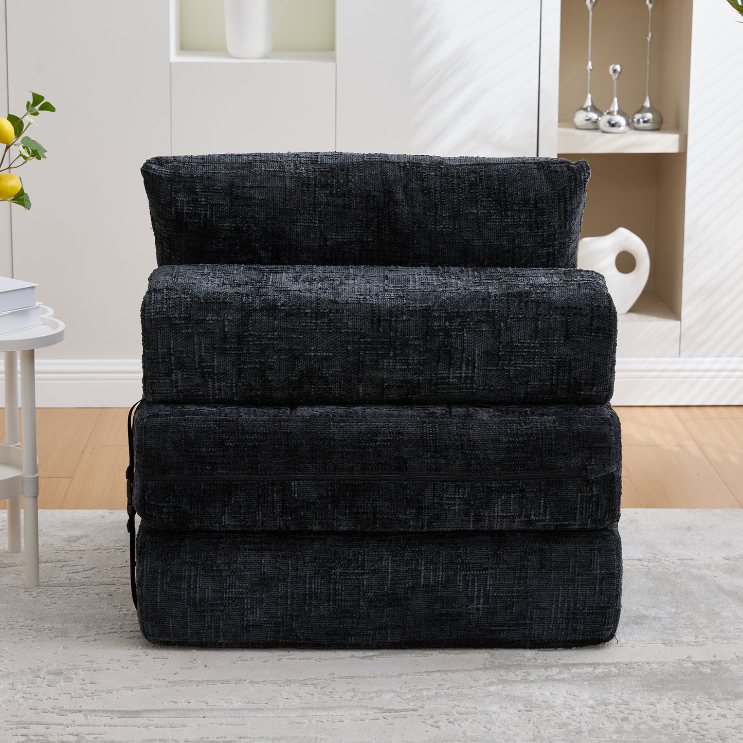 Klappbares Schlafsofa mit Kissen und Rückenlehne, tragbares Bodensofa für Wohnzimmer und Schlafzimmer, Schwarz, Chenille