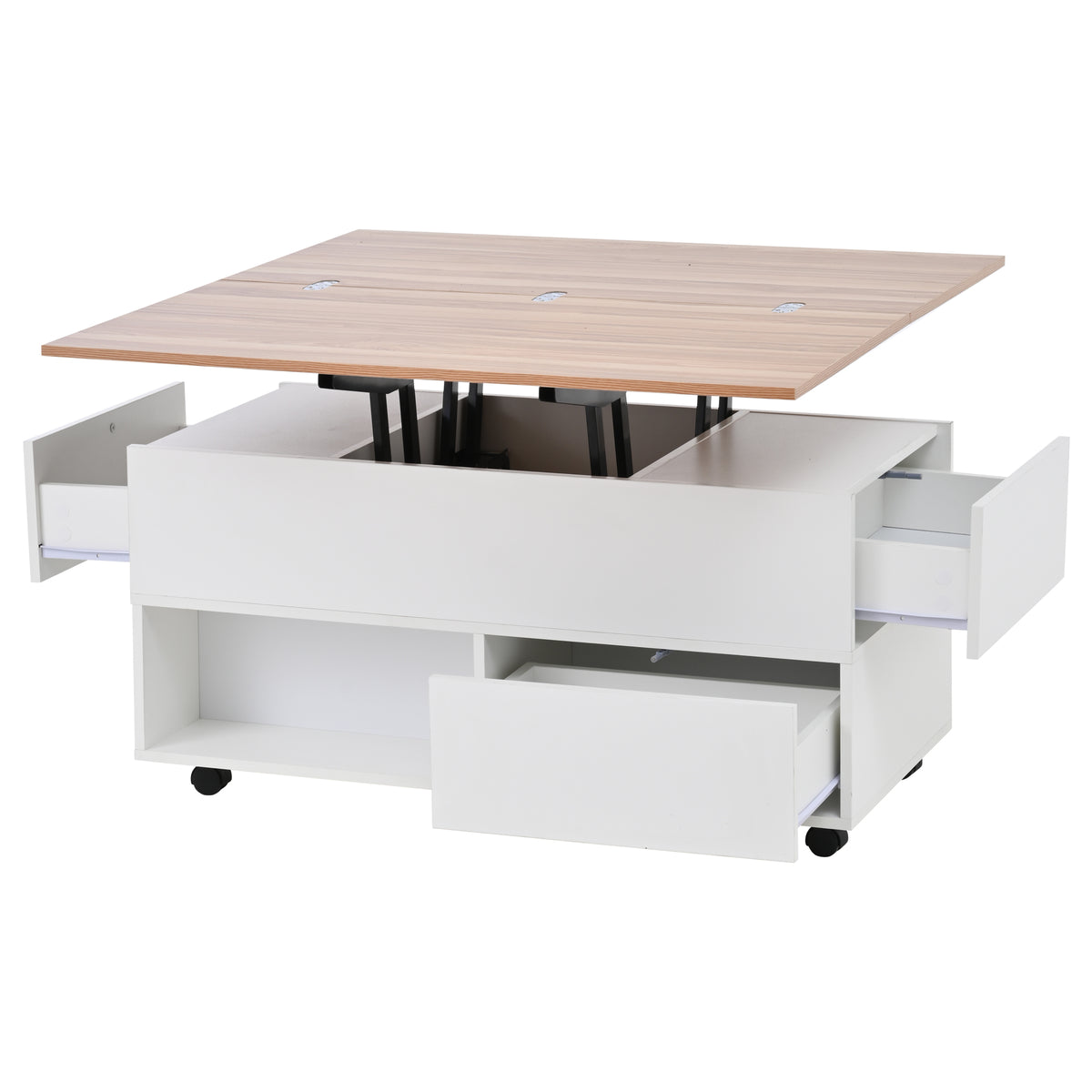 Multifunktionaler Couchtisch 100 × 50 × 52 cm mit 4 Rollen, 4 Schubladen und ausklappbarer Tischplatte in Weiß und Eiche
