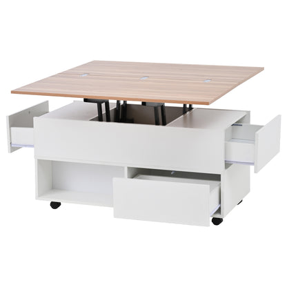 Multifunktionaler Couchtisch 100 × 50 × 52 cm mit 4 Rollen, 4 Schubladen und ausklappbarer Tischplatte in Weiß und Eiche
