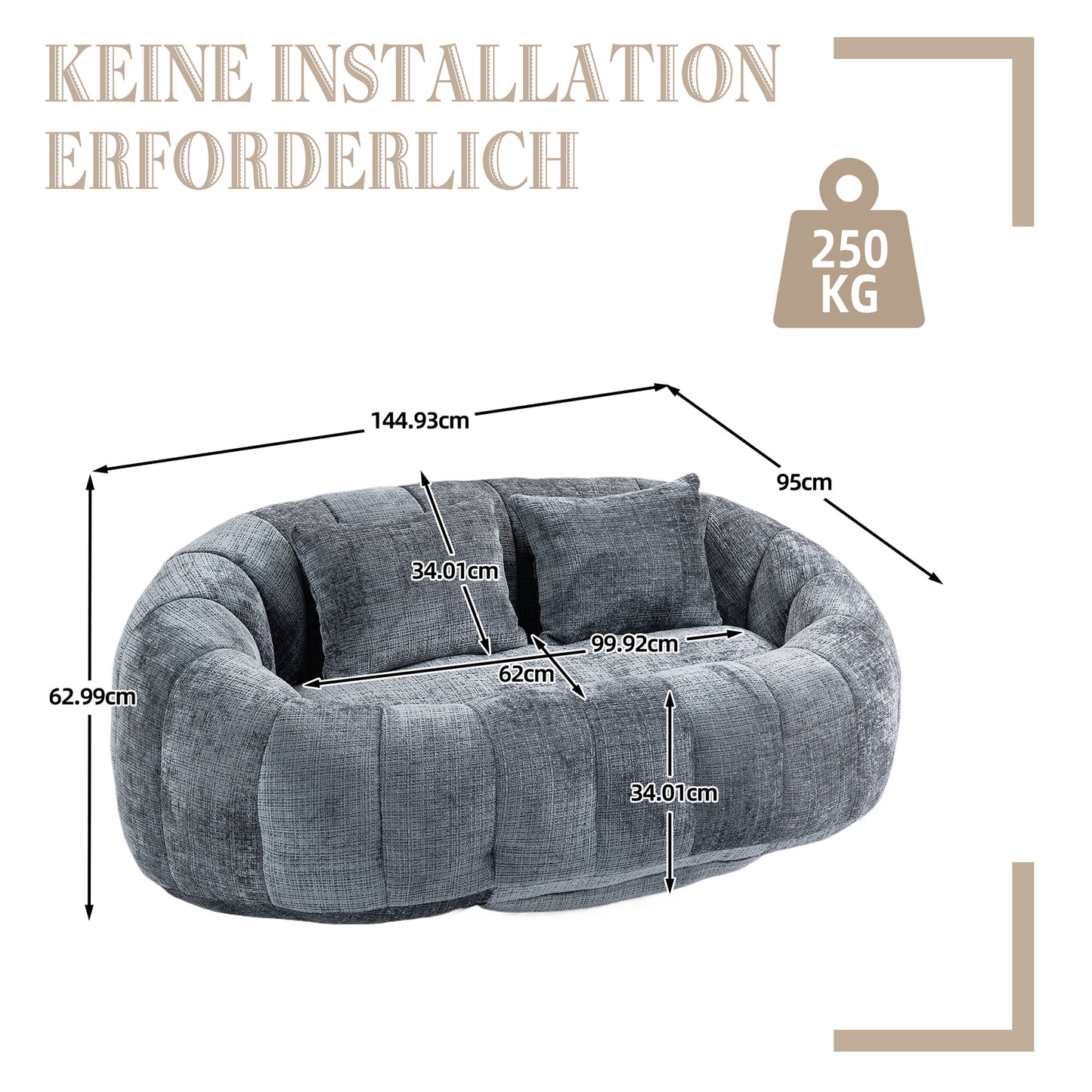 Sitzsack-Sofa aus Chenille in Grau – gemütlicher Loungesessel für Erwachsene und Kinder