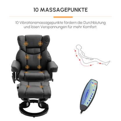 Massagesessel mit Fußhocker & Liegefunktion – Kunstleder, Schwarz, 79 × 82 × 101 cm