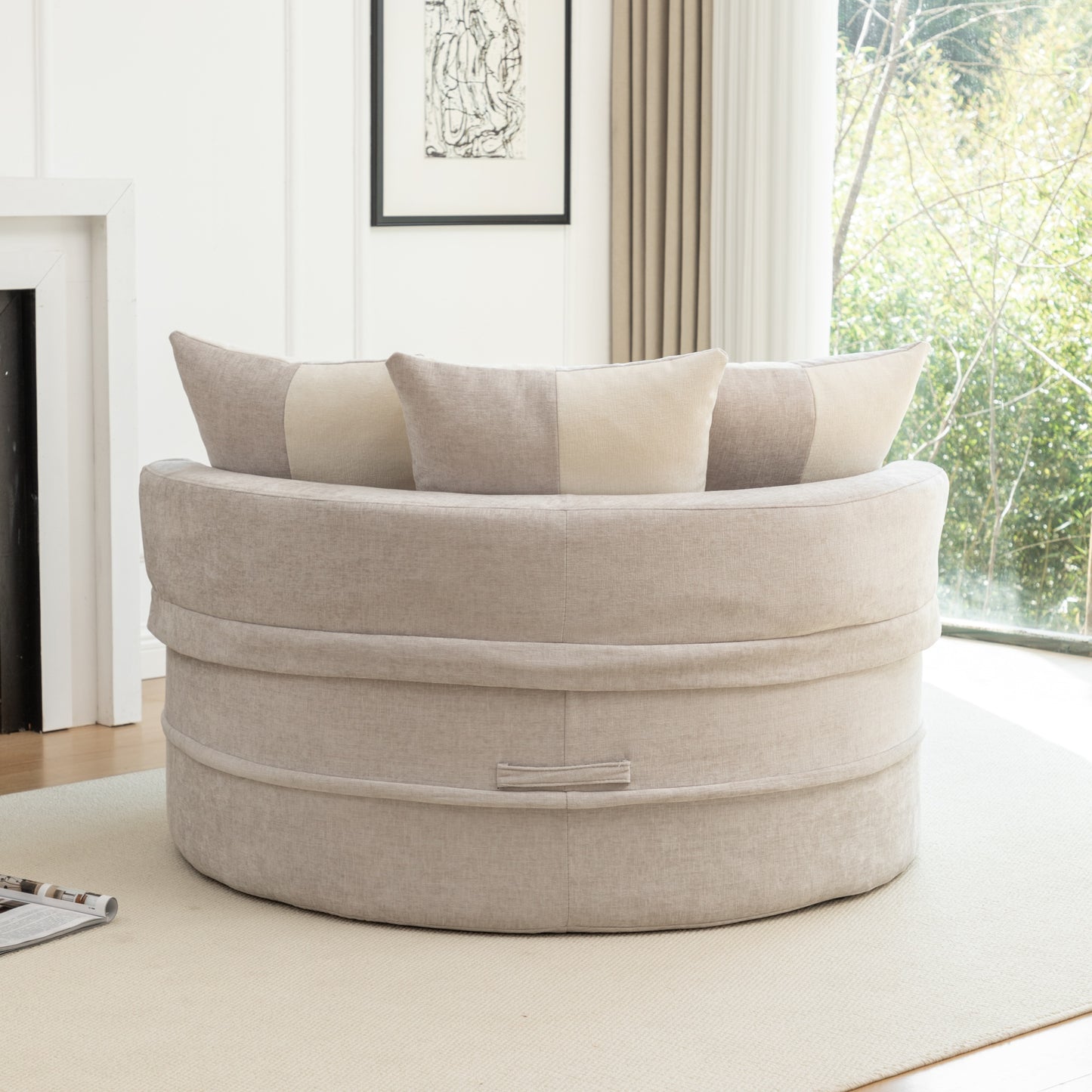 Runde Chaiselongue mit 5 Kissen und Hocker, Grau