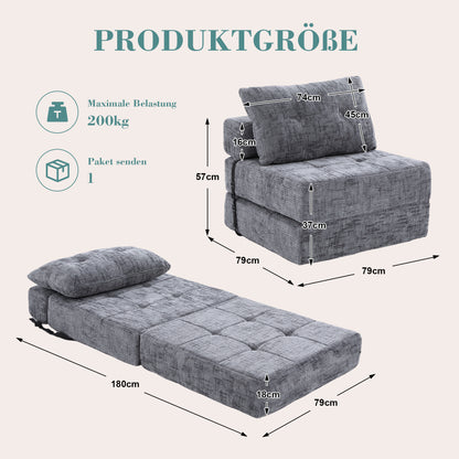 Faltbares Schlafsofa mit Kissen – Bodenmatte mit Rückenlehne, Grau Chenille