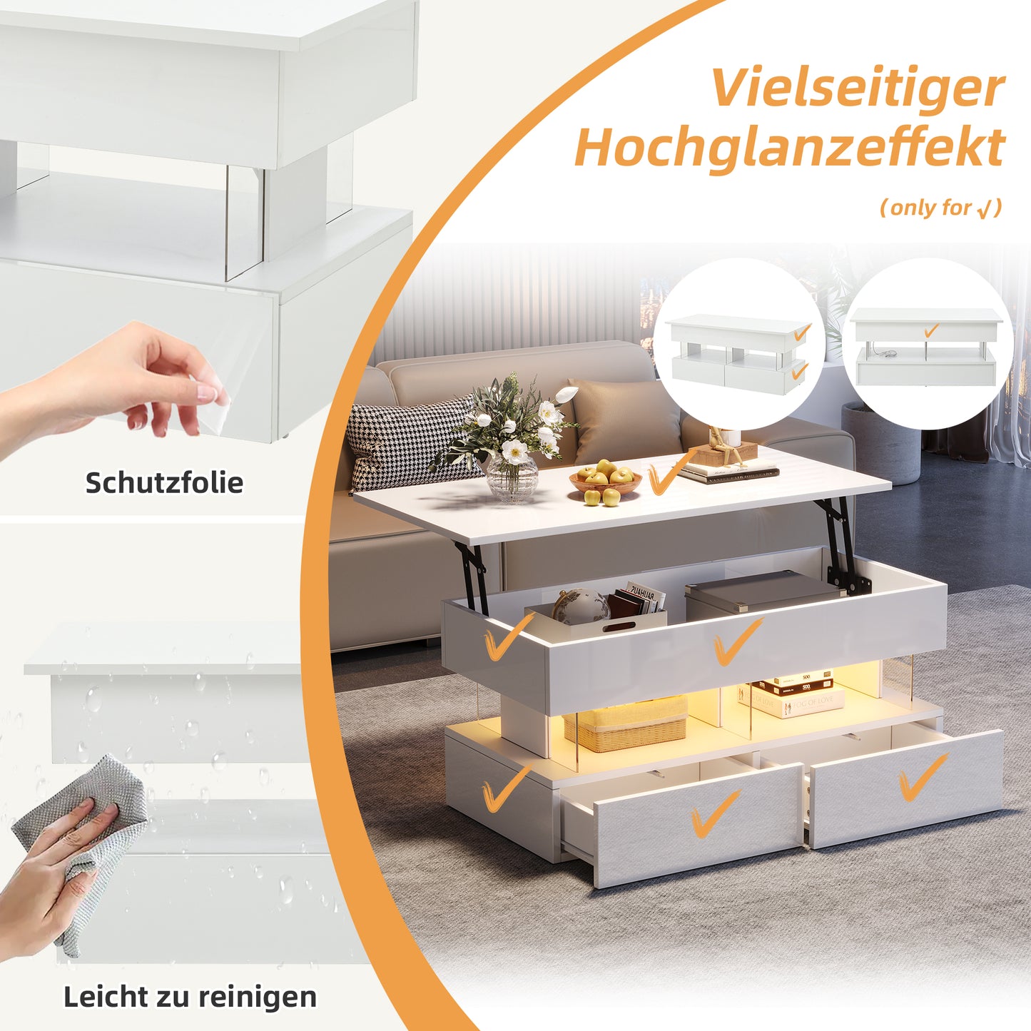 Höhenverstellbarer Couchtisch 100 × 50 × 46 cm mit LED, 2 Schubladen und Stauraum