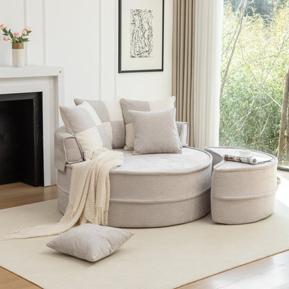 Runde Chaiselongue mit 5 Kissen und Hocker, Grau