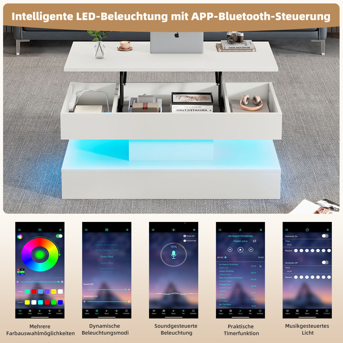 Moderner Couchtisch mit LED-Beleuchtung und verborgenem Stauraum – Beistelltisch mit hydraulischem Hub, 100 × 50 × 42 cm, 50 kg Traglast