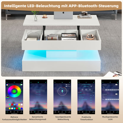Moderner Couchtisch mit LED-Beleuchtung und verborgenem Stauraum – Beistelltisch mit hydraulischem Hub, 100 × 50 × 42 cm, 50 kg Traglast