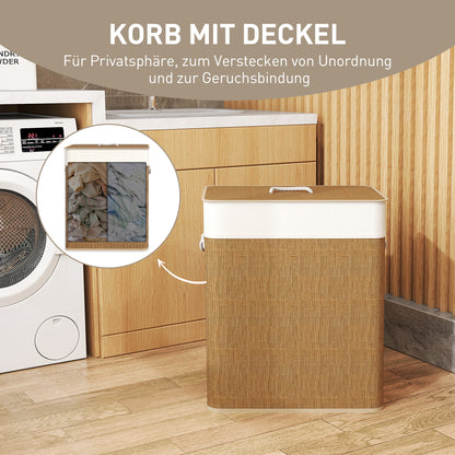 Bambus Wäschekorb Mit Deckel 2 Fächer 100 L Wäschesammler Mit Seilgriffen, Herausnehmbarer Wäschesack