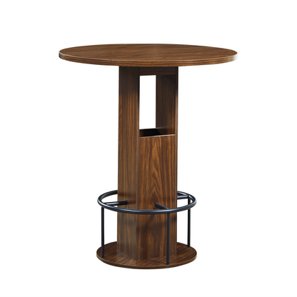 3-teiliges Bartisch- und Hocker-Set mit rundem Tisch (80 cm) und 2 Hockern, Holztisch mit ringförmiger Metall-Fußstütze für Esszimmer, Cafés, Bars und Wohnzimmer, Walnuss