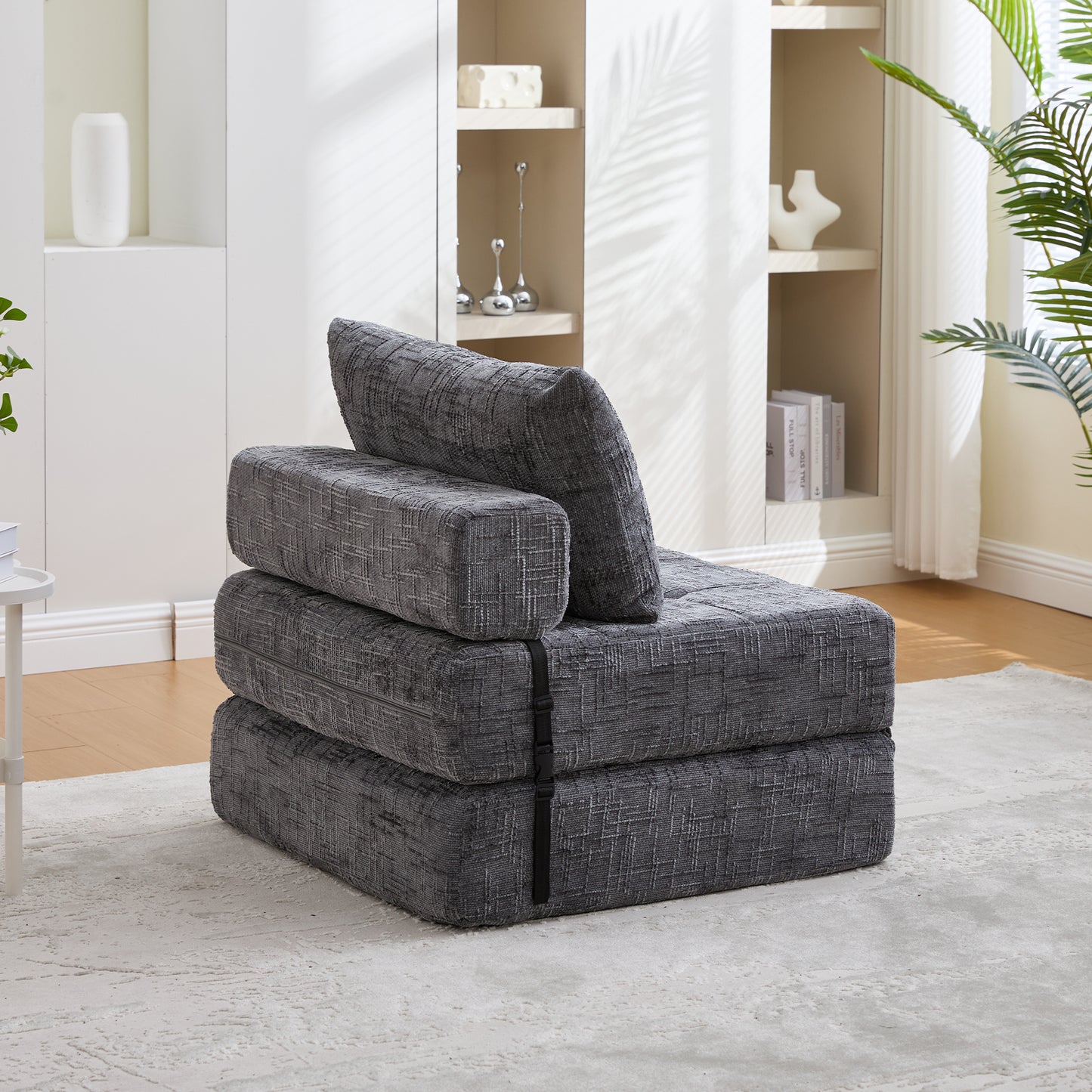 Faltbares Schlafsofa mit Kissen – Bodenmatte mit Rückenlehne, Grau Chenille