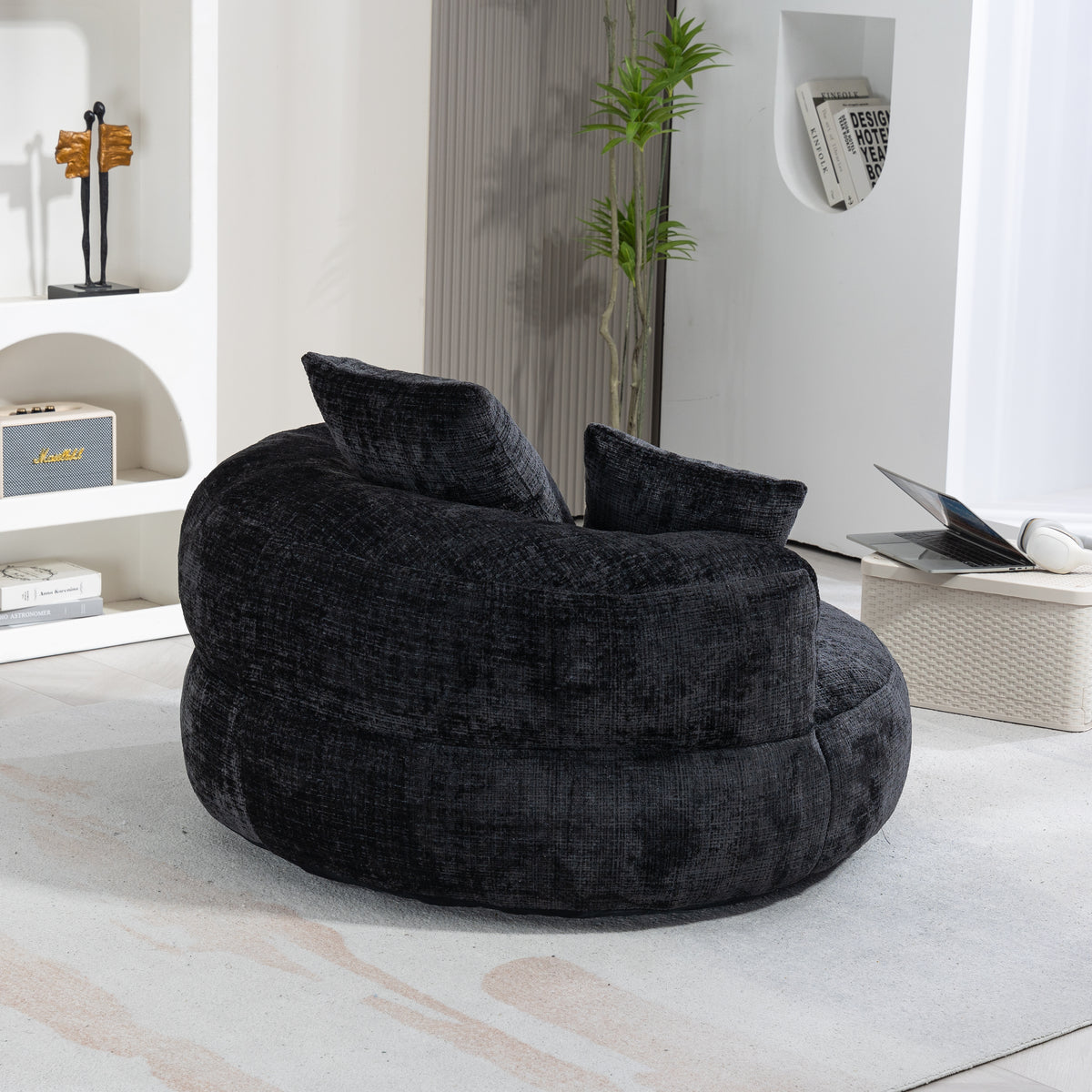 Lazy Sofa – Komfort-Lounger mit hoher Rückenlehne, Bean-Bag-Sessel mit drei Kissen für Erwachsene und Kinder, In- & Outdoor, Gaming-Sessel für Schlafzimmer und Büro (Schwarz, Chenille)