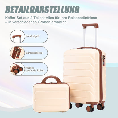14- und 19-Zoll-ABS-Kofferset mit Zahlenschloss und Kosmetiktasche, Beige