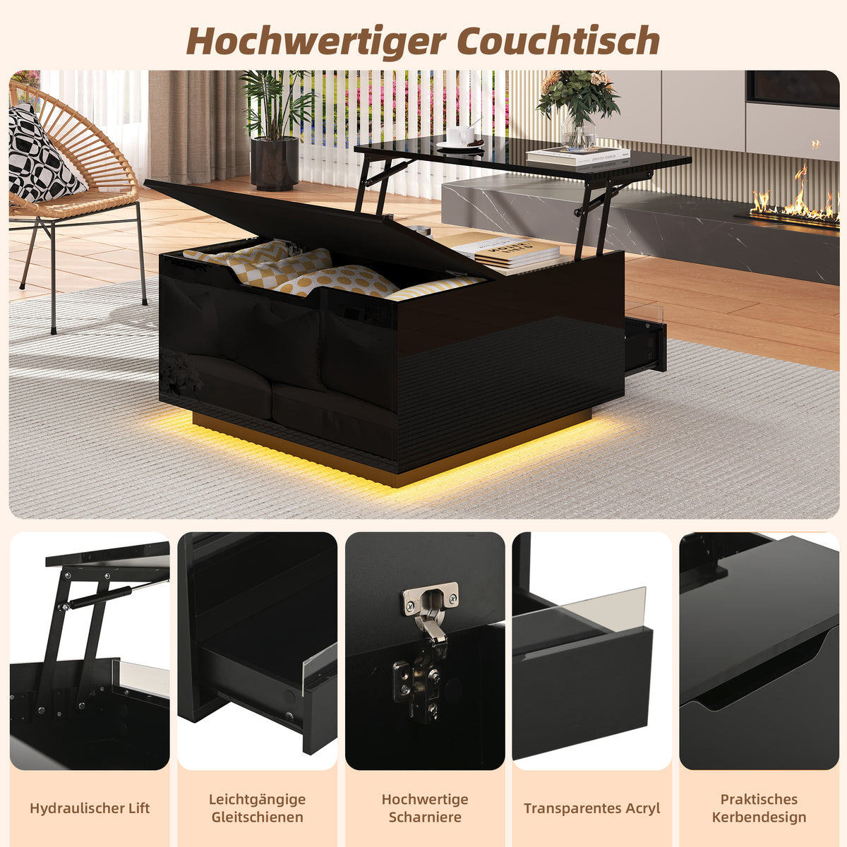 Couchtisch 70 x 70 x 38 cm mit LED-Beleuchtung, Hubfunktion, Schublade und Stauraum, Schwarz