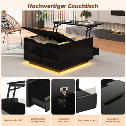 Couchtisch 70 x 70 x 38 cm mit LED-Beleuchtung, Hubfunktion, Schublade und Stauraum, Schwarz