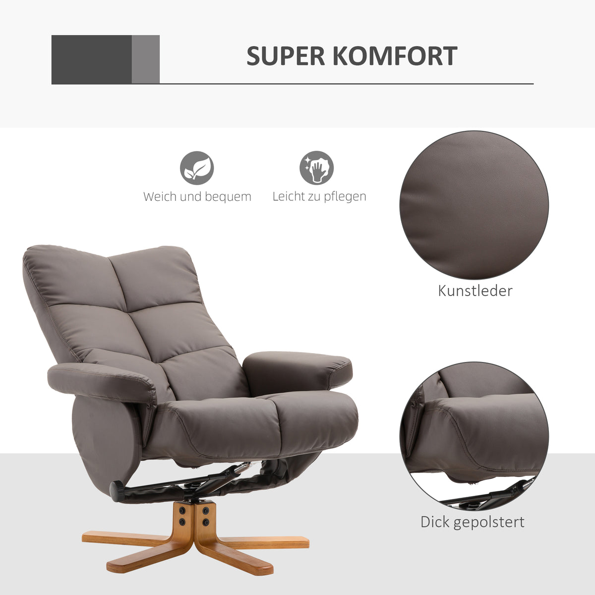 Relaxsessel mit Hocker – 360° drehbarer Fernsehsessel mit Liegefunktion, Lesesessel für Schlafzimmer & Wohnzimmer, Kunstleder, Braun