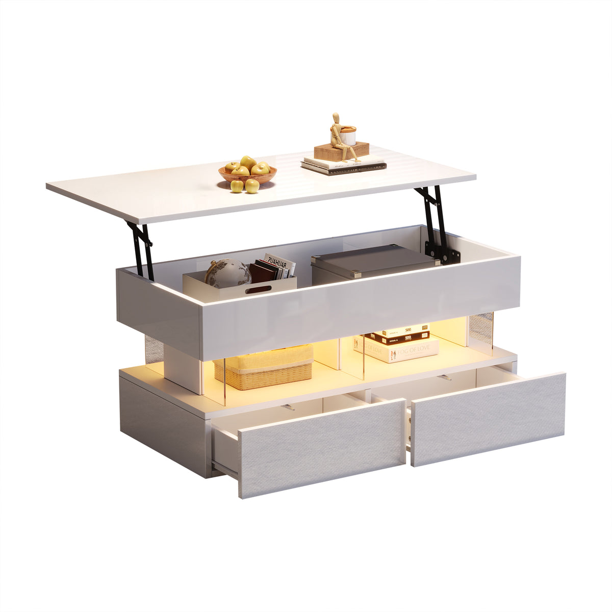 Höhenverstellbarer Couchtisch 100 × 50 × 46 cm mit LED, 2 Schubladen und Stauraum