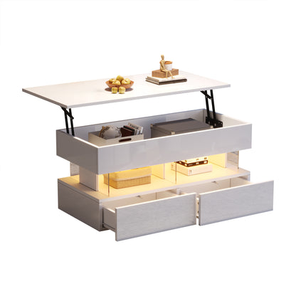 Höhenverstellbarer Couchtisch 100 × 50 × 46 cm mit LED, 2 Schubladen und Stauraum