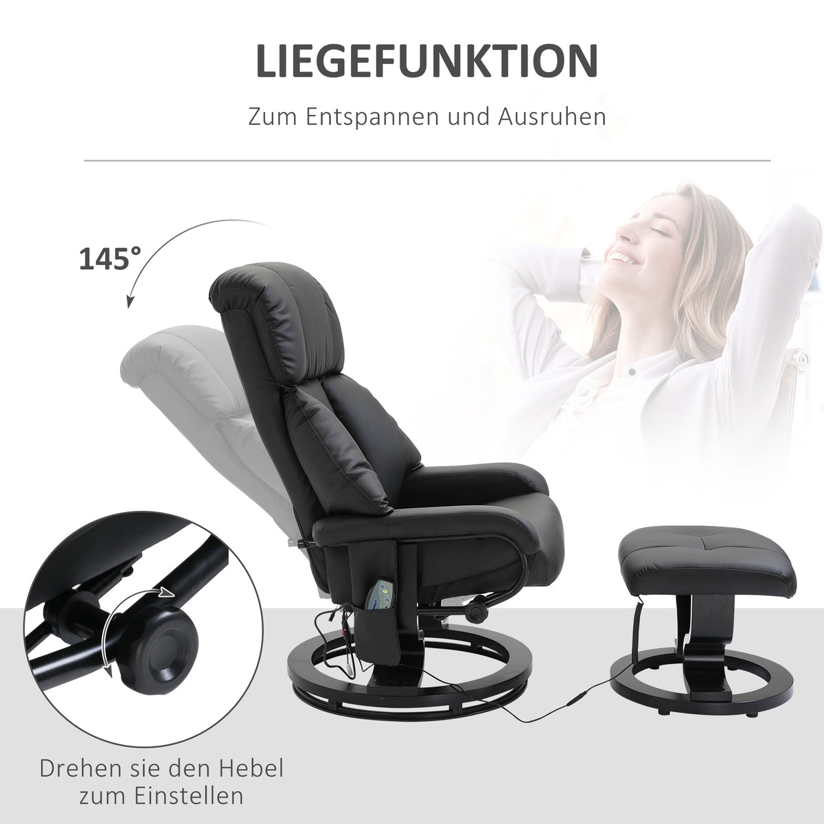 Massagesessel mit Fußhocker – 10 Vibrationspunkte, 145° verstellbare Rückenlehne, Schwarz