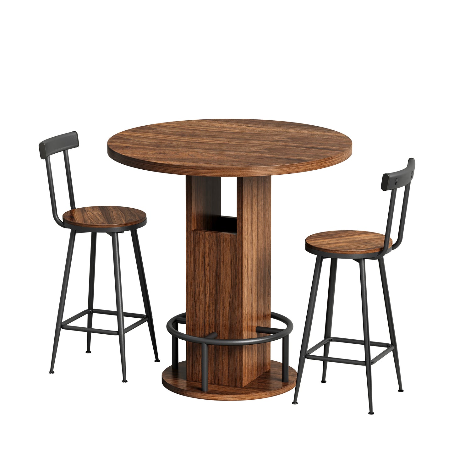 3-teiliges Bartisch- und Hocker-Set mit rundem Tisch (80 cm) und 2 Hockern, Holztisch mit ringförmiger Metall-Fußstütze für Esszimmer, Cafés, Bars und Wohnzimmer, Walnuss
