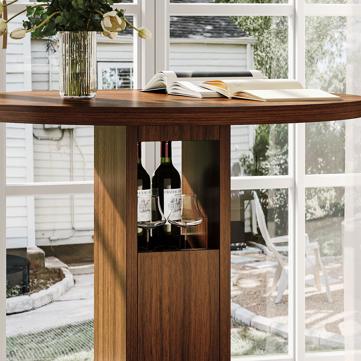 3-teiliges Bartisch- und Hocker-Set mit rundem Tisch (80 cm) und 2 Hockern, Holztisch mit ringförmiger Metall-Fußstütze für Esszimmer, Cafés, Bars und Wohnzimmer, Walnuss